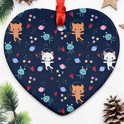 Cute Astronaut Cat With Star Galaxy Elements Seamless Pattern Heart Ornament (Two Sides) from ArtsNow.com Front