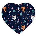 Cute Astronaut Cat With Star Galaxy Elements Seamless Pattern Heart Ornament (Two Sides)