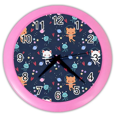 Cute Astronaut Cat With Star Galaxy Elements Seamless Pattern Color Wall Clock from ArtsNow.com Front