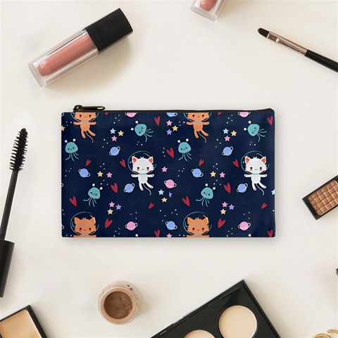 Cute Astronaut Cat With Star Galaxy Elements Seamless Pattern Cosmetic Bag (Small) from ArtsNow.com Front