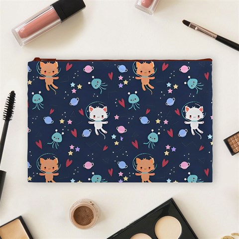 Cute Astronaut Cat With Star Galaxy Elements Seamless Pattern Cosmetic Bag (Large) from ArtsNow.com Front