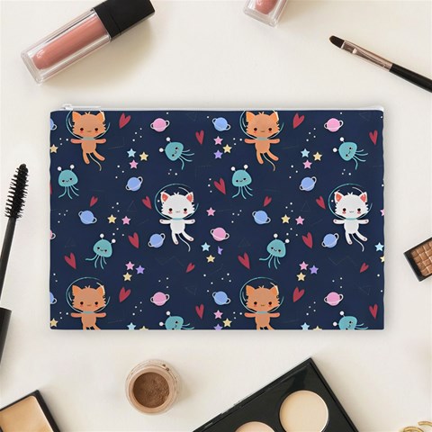 Cute Astronaut Cat With Star Galaxy Elements Seamless Pattern Cosmetic Bag (Large) from ArtsNow.com Front