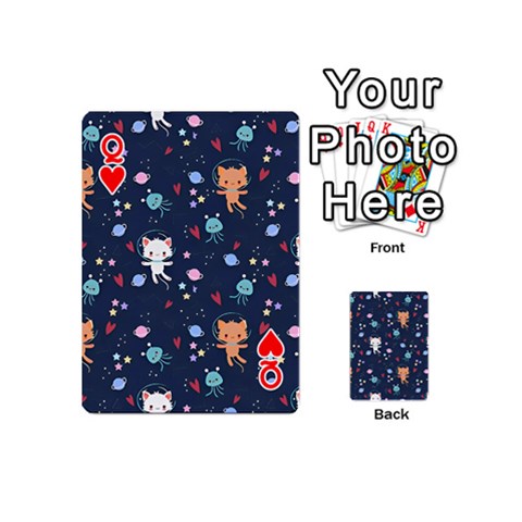Queen Cute Astronaut Cat With Star Galaxy Elements Seamless Pattern Playing Cards 54 Designs (Mini) from ArtsNow.com Front - HeartQ