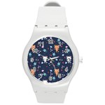 Cute Astronaut Cat With Star Galaxy Elements Seamless Pattern Round Plastic Sport Watch (M)