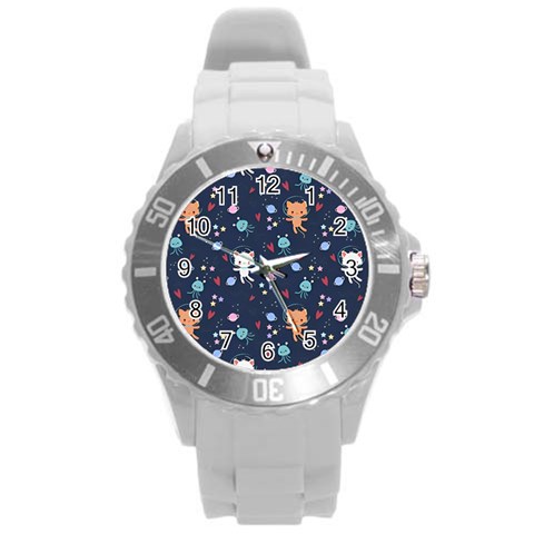 Cute Astronaut Cat With Star Galaxy Elements Seamless Pattern Round Plastic Sport Watch (L) from ArtsNow.com Front
