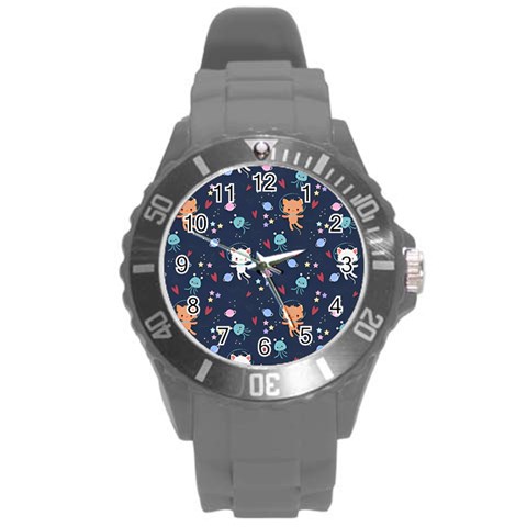 Cute Astronaut Cat With Star Galaxy Elements Seamless Pattern Round Plastic Sport Watch (L) from ArtsNow.com Front