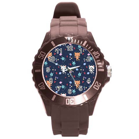 Cute Astronaut Cat With Star Galaxy Elements Seamless Pattern Round Plastic Sport Watch (L) from ArtsNow.com Front