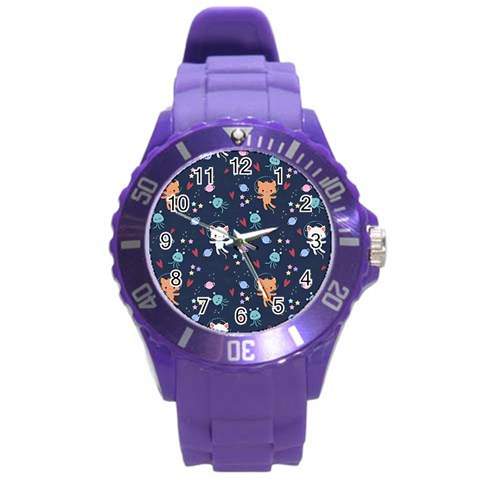 Cute Astronaut Cat With Star Galaxy Elements Seamless Pattern Round Plastic Sport Watch (L) from ArtsNow.com Front