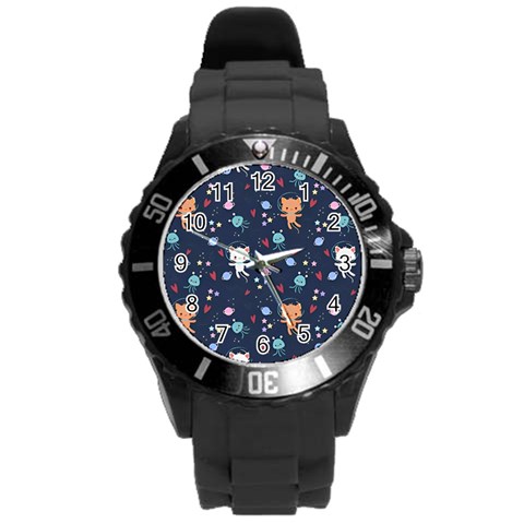 Cute Astronaut Cat With Star Galaxy Elements Seamless Pattern Round Plastic Sport Watch (L) from ArtsNow.com Front