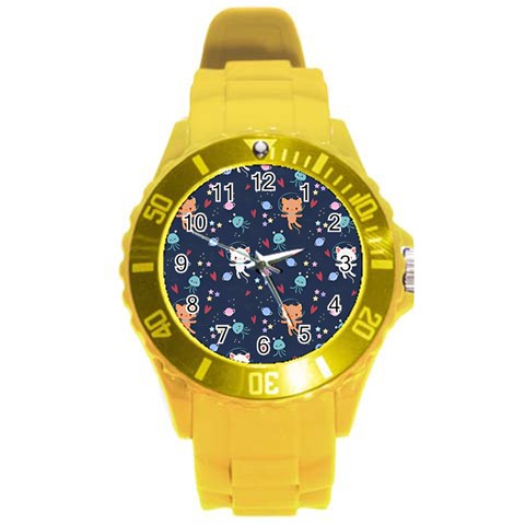 Cute Astronaut Cat With Star Galaxy Elements Seamless Pattern Round Plastic Sport Watch (L) from ArtsNow.com Front