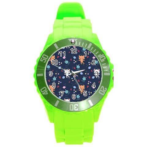 Cute Astronaut Cat With Star Galaxy Elements Seamless Pattern Round Plastic Sport Watch (L) from ArtsNow.com Front