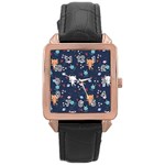 Cute Astronaut Cat With Star Galaxy Elements Seamless Pattern Rose Gold Leather Watch 