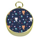 Cute Astronaut Cat With Star Galaxy Elements Seamless Pattern Gold Compasses