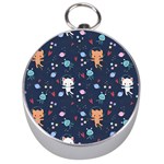 Cute Astronaut Cat With Star Galaxy Elements Seamless Pattern Silver Compasses