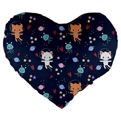 Cute Astronaut Cat With Star Galaxy Elements Seamless Pattern Large 19  Premium Flano Heart Shape Cushions from ArtsNow.com Front