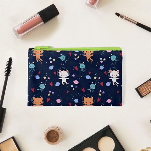 Cute Astronaut Cat With Star Galaxy Elements Seamless Pattern Cosmetic Bag (XS) from ArtsNow.com Front