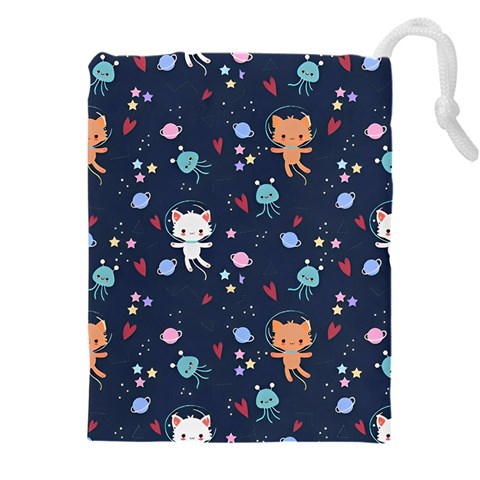 Cute Astronaut Cat With Star Galaxy Elements Seamless Pattern Drawstring Pouch (4XL) from ArtsNow.com Front