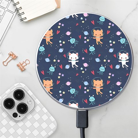 Cute Astronaut Cat With Star Galaxy Elements Seamless Pattern Wireless Fast Charger(White) from ArtsNow.com Front
