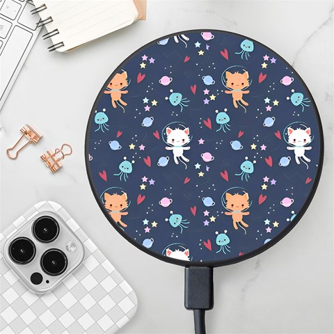 Cute Astronaut Cat With Star Galaxy Elements Seamless Pattern Wireless Fast Charger(Black) from ArtsNow.com Front