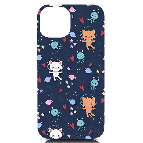 Cute Astronaut Cat With Star Galaxy Elements Seamless Pattern iPhone 14 Black UV Print Case from ArtsNow.com Front