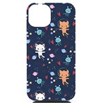 Cute Astronaut Cat With Star Galaxy Elements Seamless Pattern iPhone 14 Black UV Print Case