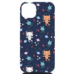 Cute Astronaut Cat With Star Galaxy Elements Seamless Pattern iPhone 14 Plus Black UV Print Case