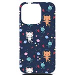 Cute Astronaut Cat With Star Galaxy Elements Seamless Pattern iPhone 14 Pro Black UV Print Case