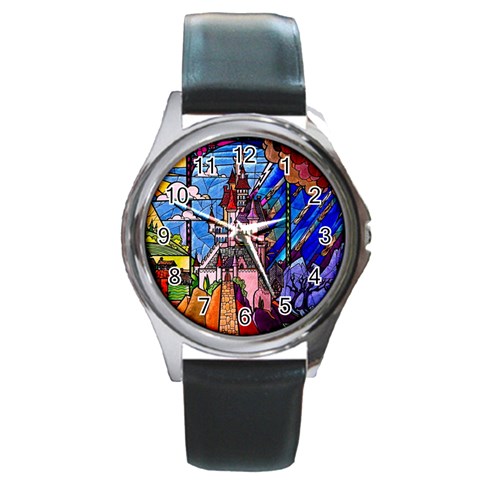 Beauty Stained Glass Castle Building Round Metal Watch from ArtsNow.com Front