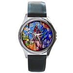 Beauty Stained Glass Castle Building Round Metal Watch