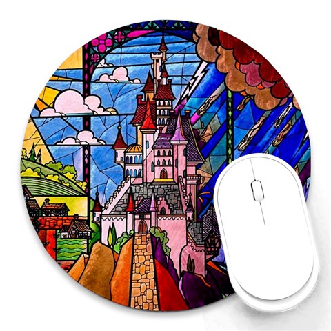 Beauty Stained Glass Castle Building Round Mousepad from ArtsNow.com Front