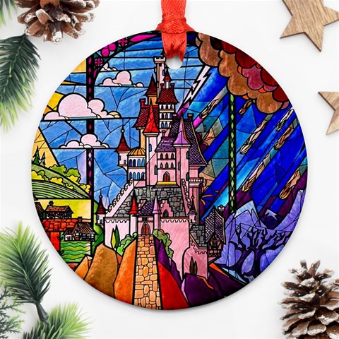 Beauty Stained Glass Castle Building Ornament (Round) from ArtsNow.com Front