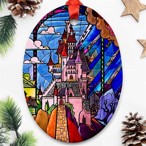 Beauty Stained Glass Castle Building Ornament (Oval) from ArtsNow.com Front