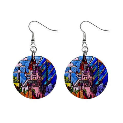 Beauty Stained Glass Castle Building Mini Button Earrings from ArtsNow.com Front