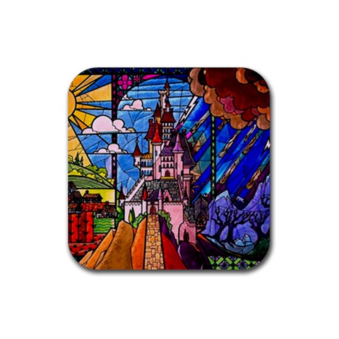 Beauty Stained Glass Castle Building Rubber Coaster (Square) from ArtsNow.com Front