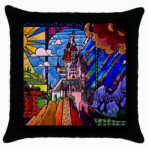 Beauty Stained Glass Castle Building Throw Pillow Case (Black) from ArtsNow.com Front
