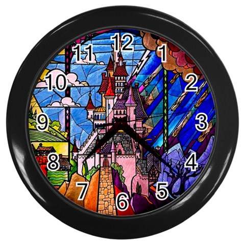 Beauty Stained Glass Castle Building Wall Clock (Black) from ArtsNow.com Front