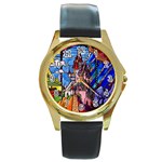 Beauty Stained Glass Castle Building Round Gold Metal Watch
