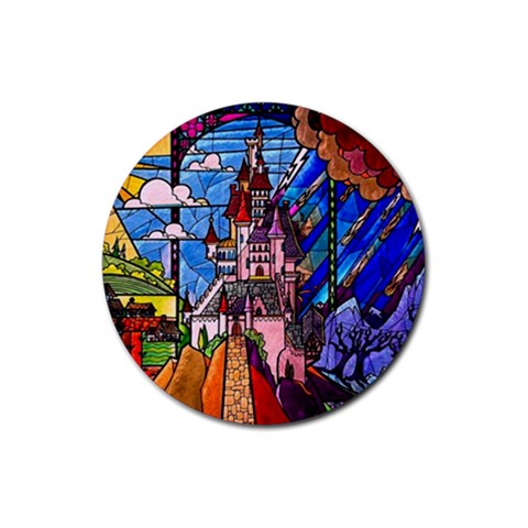 Beauty Stained Glass Castle Building Rubber Round Coaster (4 pack) from ArtsNow.com Front