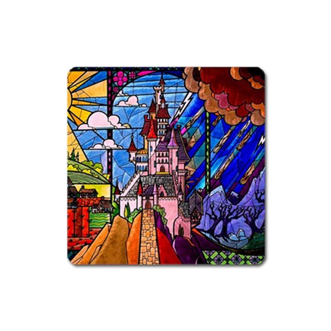 Beauty Stained Glass Castle Building Square Magnet from ArtsNow.com Front