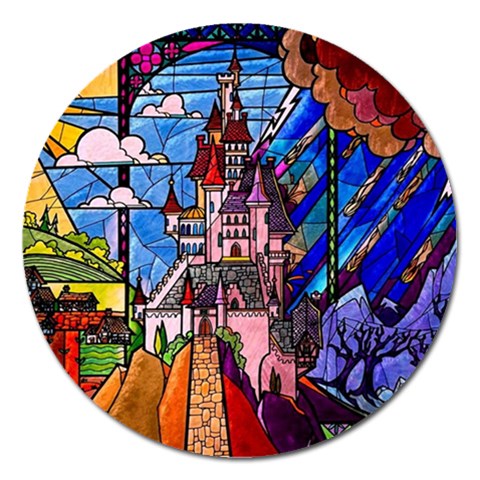 Beauty Stained Glass Castle Building Magnet 5  (Round) from ArtsNow.com Front