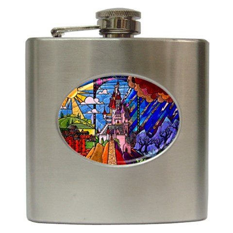 Beauty Stained Glass Castle Building Hip Flask (6 oz) from ArtsNow.com Front