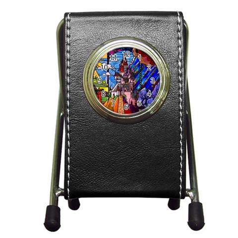 Beauty Stained Glass Castle Building Pen Holder Desk Clock from ArtsNow.com Front