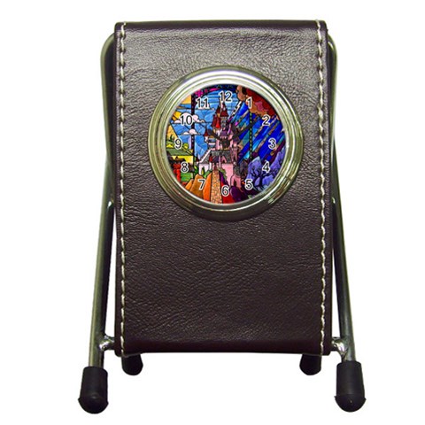 Beauty Stained Glass Castle Building Pen Holder Desk Clock from ArtsNow.com Front