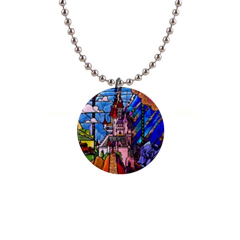 Beauty Stained Glass Castle Building 1  Button Necklace from ArtsNow.com Front