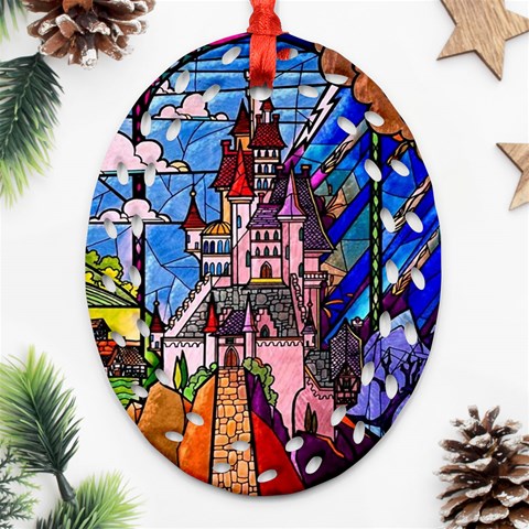 Beauty Stained Glass Castle Building Oval Filigree Ornament (Two Sides) from ArtsNow.com Front