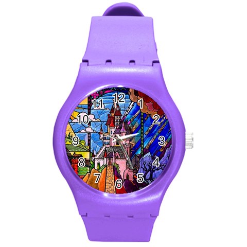 Beauty Stained Glass Castle Building Round Plastic Sport Watch (M) from ArtsNow.com Front