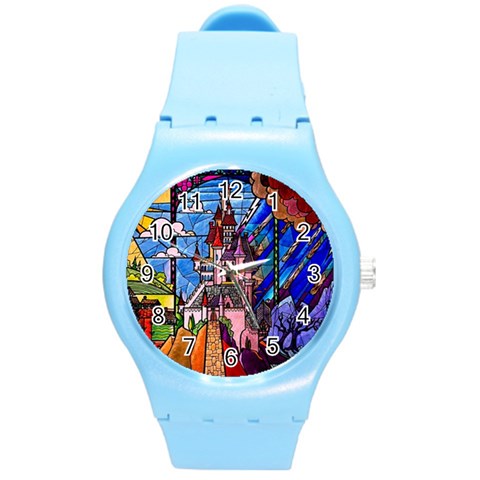 Beauty Stained Glass Castle Building Round Plastic Sport Watch (M) from ArtsNow.com Front