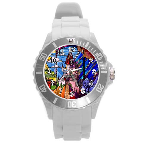 Beauty Stained Glass Castle Building Round Plastic Sport Watch (L) from ArtsNow.com Front
