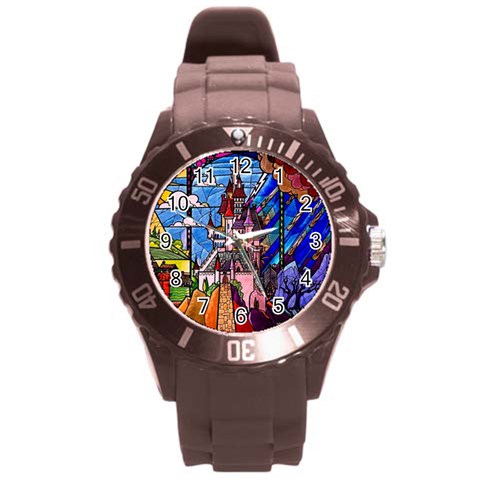 Beauty Stained Glass Castle Building Round Plastic Sport Watch (L) from ArtsNow.com Front