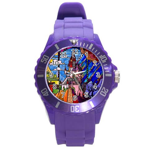 Beauty Stained Glass Castle Building Round Plastic Sport Watch (L) from ArtsNow.com Front
